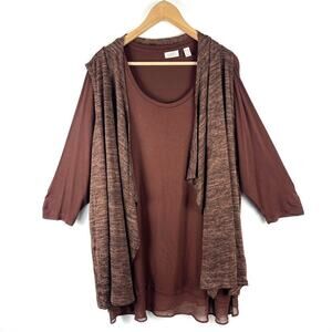 LOGO Lori Goldstein 2 Piece Set Brown Long Sleeve Top Sleeveless Cardigan SZ 2X